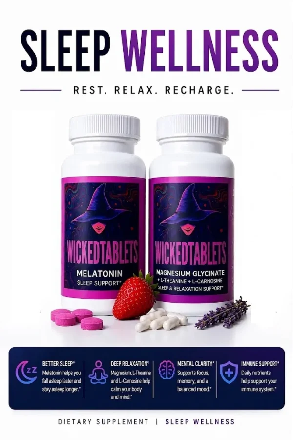 Bundle – Wicked Sleep Wellness; Luxurious beauty sleep & recovery kit – maximized sleep support 2 bottle bundle | 30 count advanced calming luxury beauty sleep caps + 30 count melatonin 20mg sublingual tablets