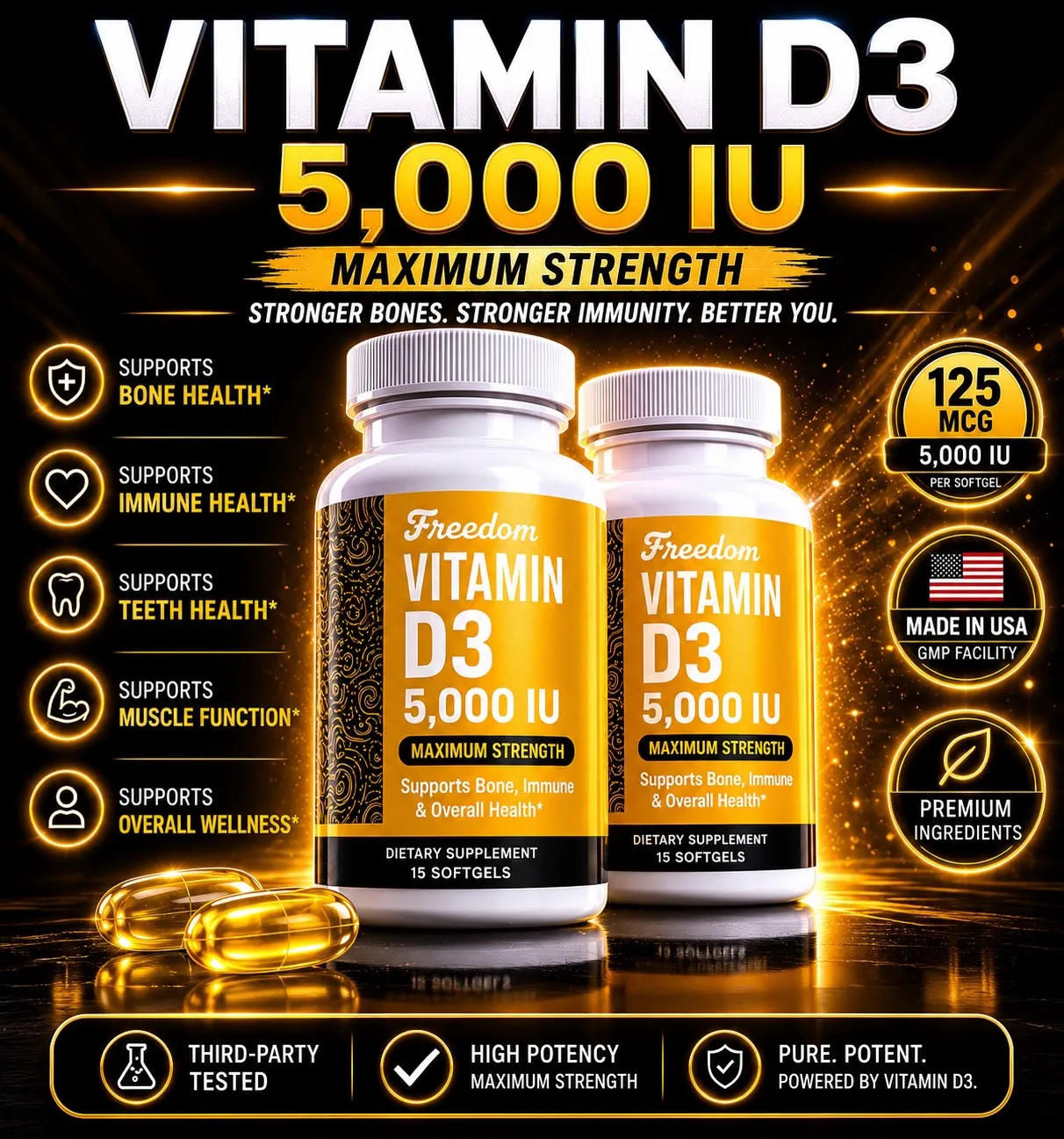 Wicked Essentials Vitamin D3 5,000iu (125mcg) Great effective dose, Grade A vitamins – soft gels in MCT oil